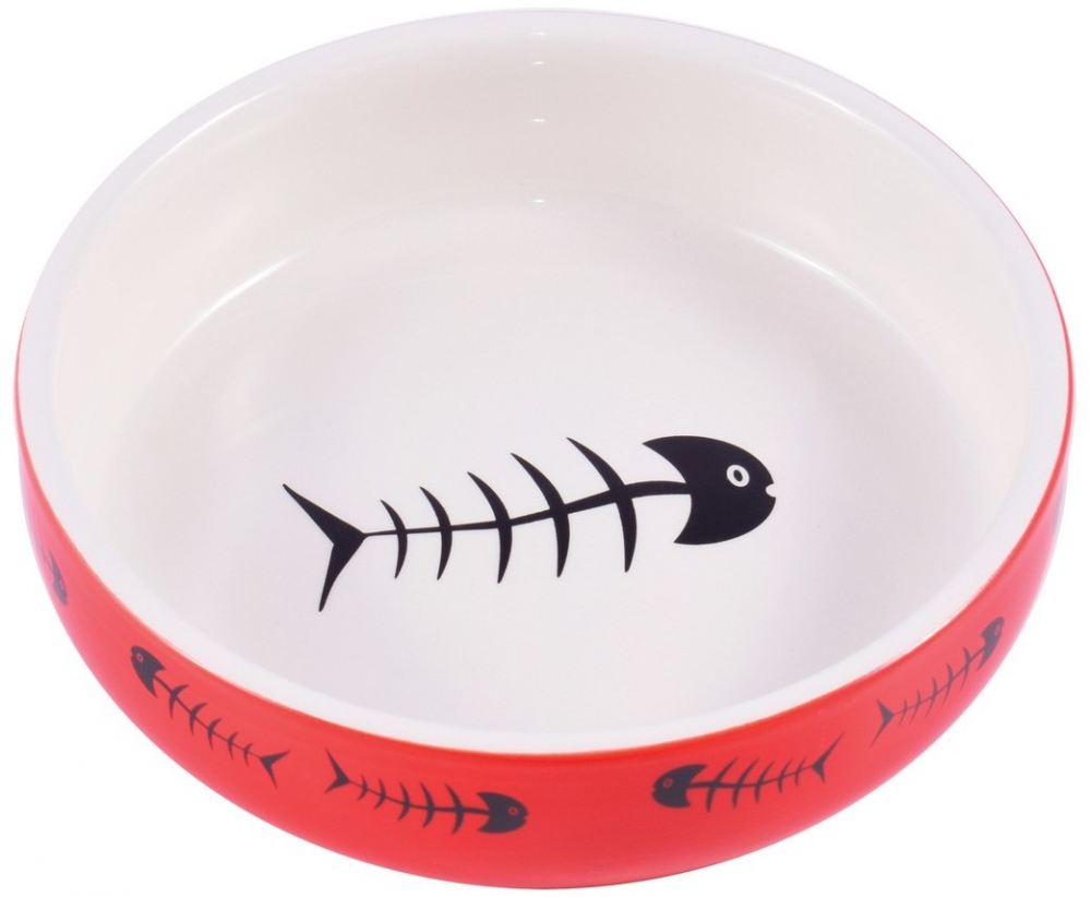 Керамик Арт миска керамическая для кошек красно-белая с рыбками 300 мл
