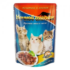 Ночной Охотник для котят Телятина и ягненок (кусочки мяса в желе) 100 гр