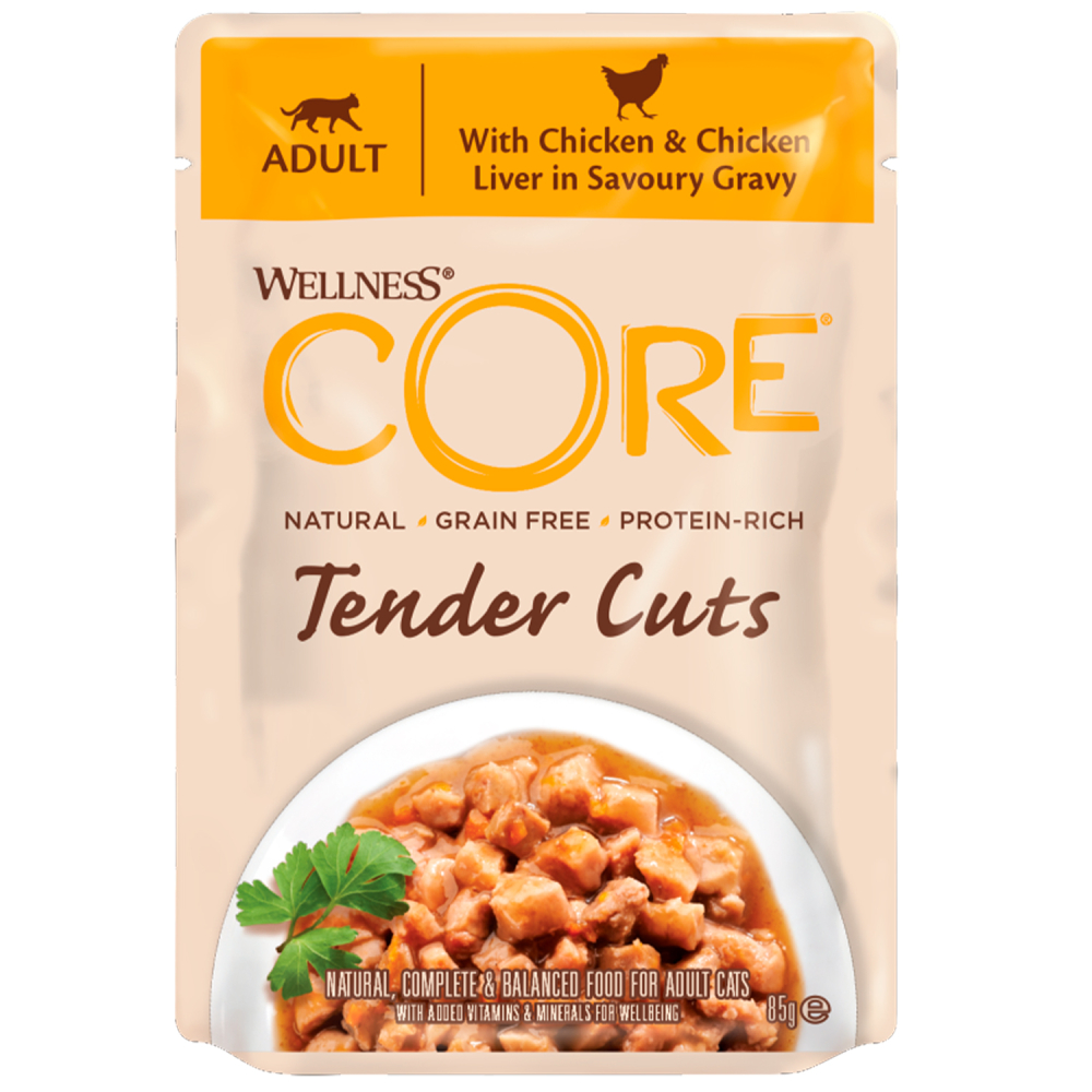 Core Tender Cuts паучи из курицы с куриной печенью в виде нарезки в соусе для кошек 85 гр