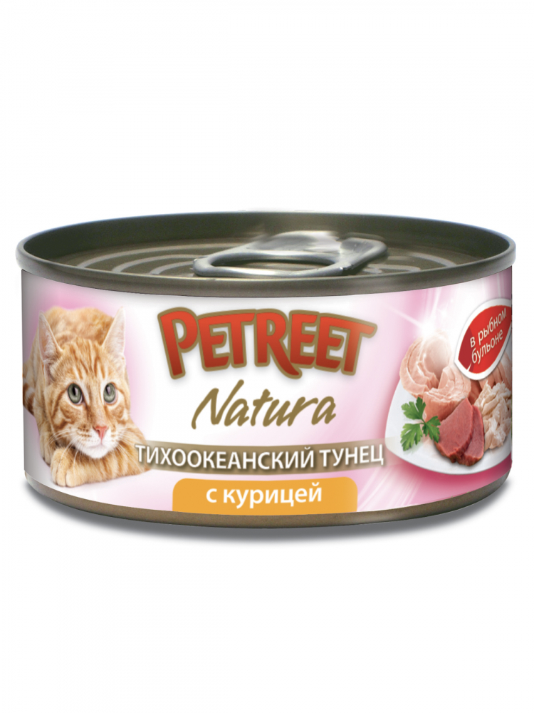 Petreet консервы для кошек кусочки тихоокеанского тунца с курицей в рыбном бульоне 70 гр
