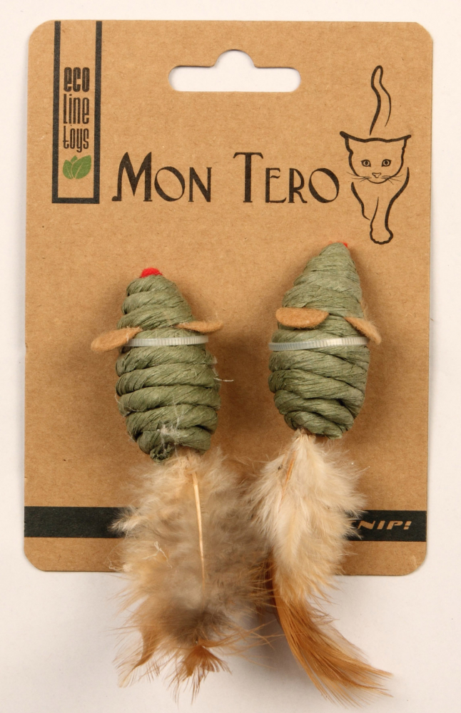 Мон Теро ЭКО игрушка для кошек "Мышь", 2шт х 5 см, с перьями, с кошач. мятой, зелёные