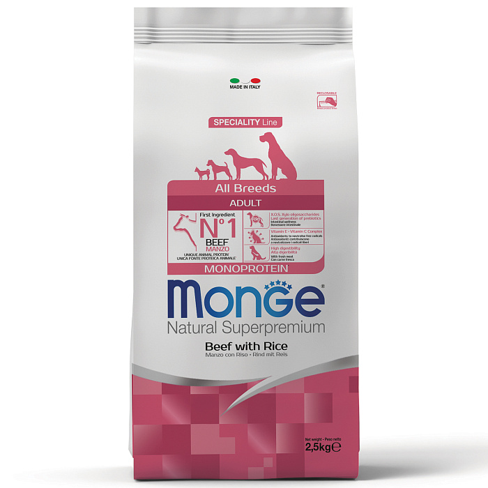 Monge Dog Speciality Line Monoprotein All Breeds Beef and Rice для взрослых собак всех пород, из говядины с рисом