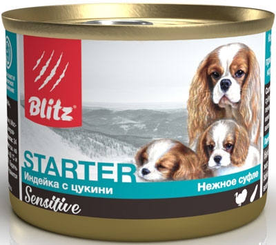 Blitz Starter Sensitive консервы для щенков, беременных и кормящих сук суфле Индейка с цукини 200 гр