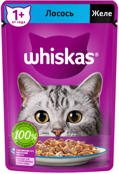 Whiskas для взрослых кошек, желе с лососем, 75 гр