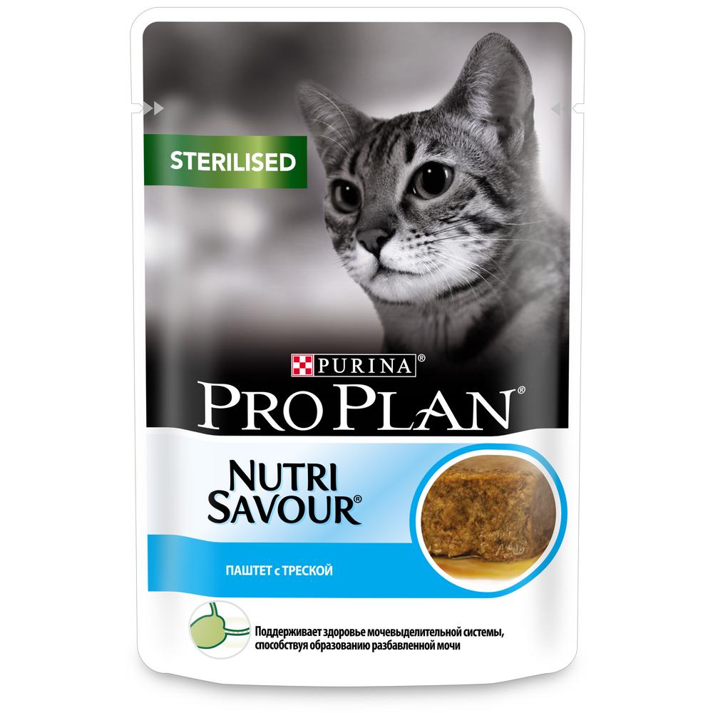 Pro Plan NutriSavour для взрослых стерилизованных кошек, паштет с треской, пауч, 85 гр