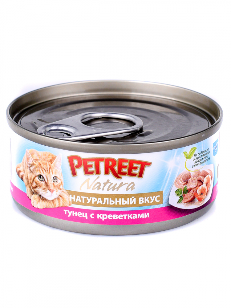 Petreet консервы для кошек кусочки тунца с креветками в рыбном супе 70 гр
