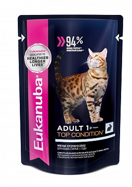 Eukanuba Adult 1+ паучи корм для взрослых кошек с кроликом в соусе 85 гр