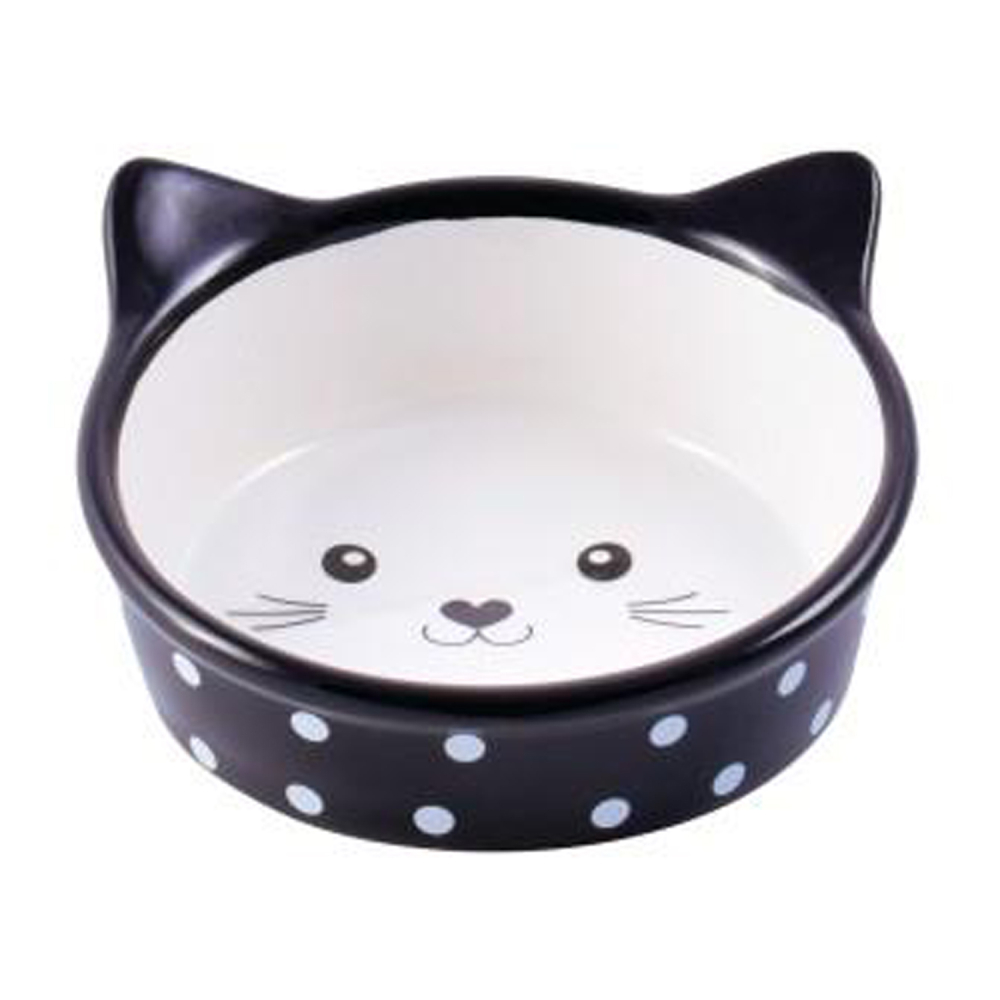 Mr.Kranch миска керамическая для кошек Мордочка кошки 250 мл черная в горошек