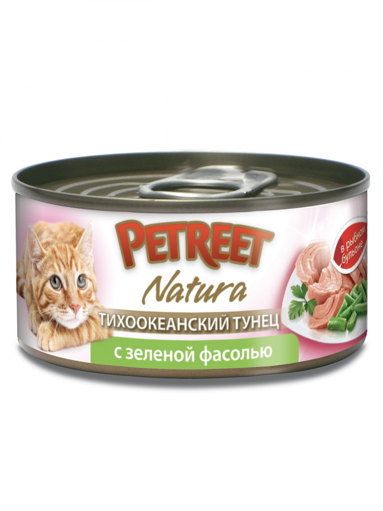 Petreet консервы для кошек кусочки тихоокеанского тунца с зеленой фасолью в рыбном бульоне 70 гр