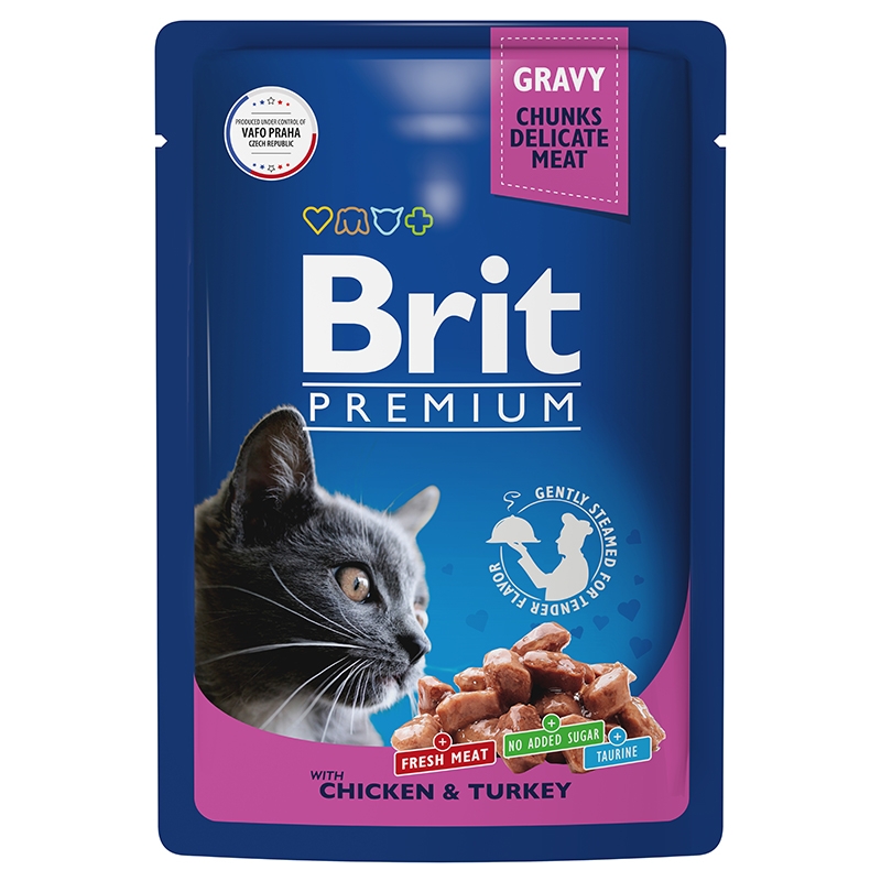 Brit Premium Пауч для взрослых кошек цыпленок и индейка в соусе 85 гр