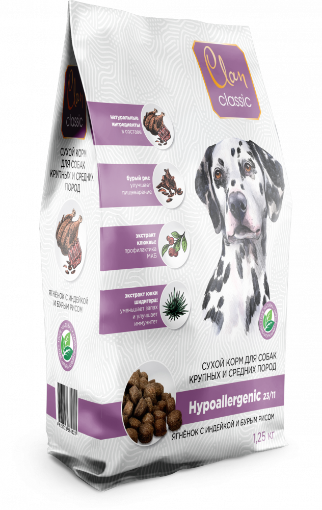 CLAN CLASSIC Hypoallergenic ягненок индейка, бурый рис для собак крупных и средних пород
