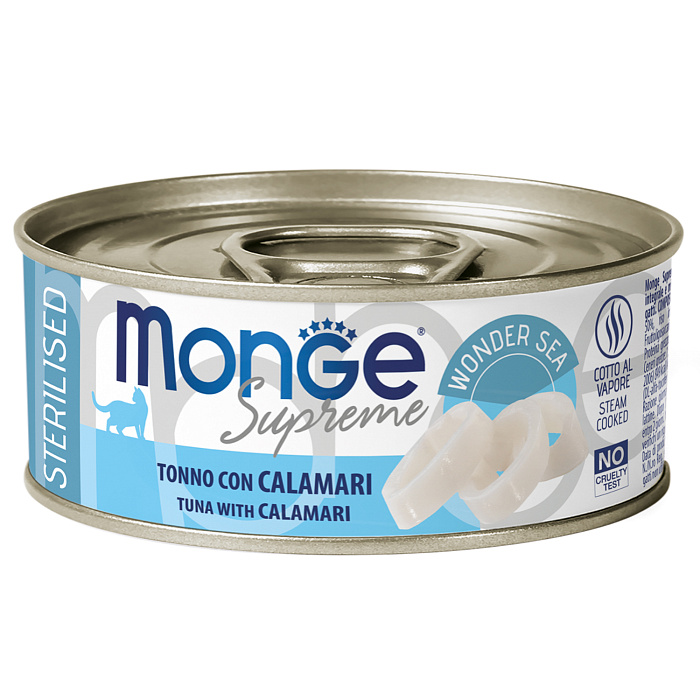 Влажный корм Monge Supreme sterilized для стерилизованных кошек из тунца с кальмаром, консервы 80 г