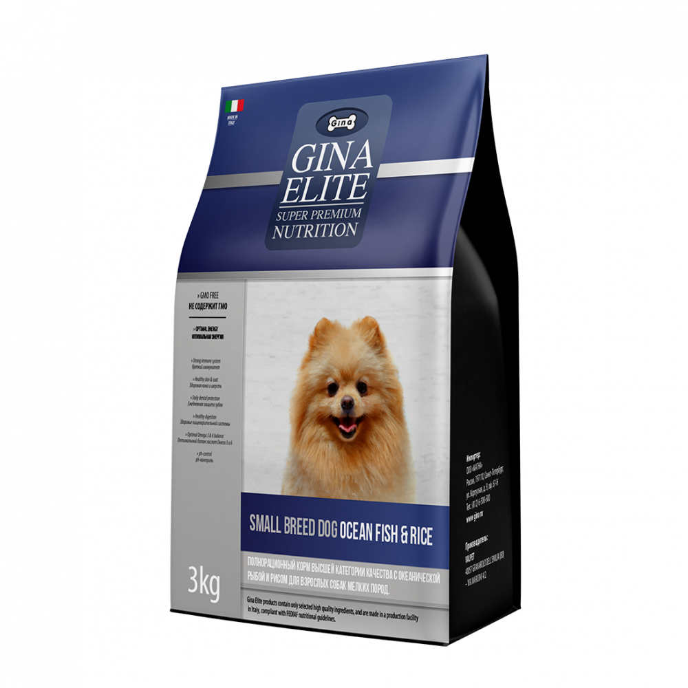 Gina Elite Small Breed Dog Ocean Fish&Rice с океанической рыбой и рисом для взрослых собак мелких пород.