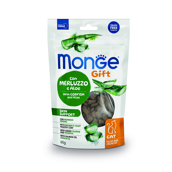 Лакомство Monge Gift Skin support для кошек "Хрустящие подушечки с начинкой" с треской и алоэ вера для здоровой кожи 60 г