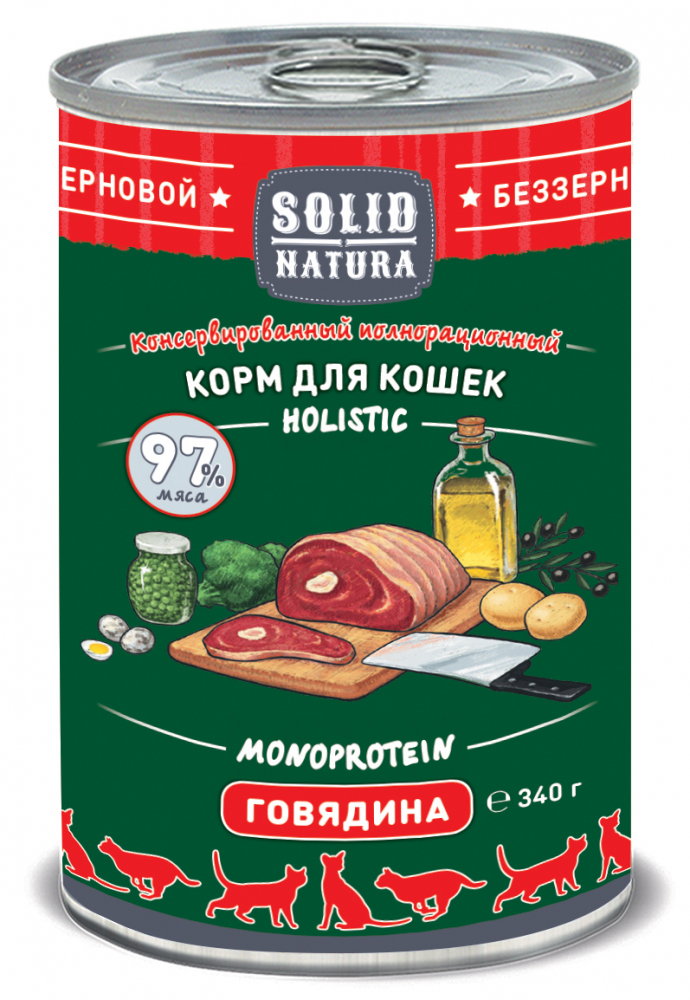 Solid Natura Holistic Говядина влажный корм для кошек жестяная банка 340 гр