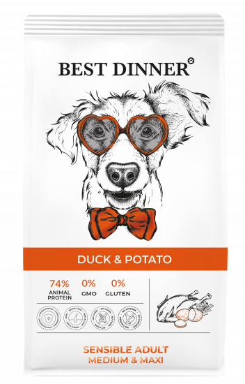 Best Dinner Sensible Adult Medium & Maxi Duck & Potato для взрослых собак средних и крупных пород, склонных к аллергии и проблемами с пищеварением, с уткой и картофелем