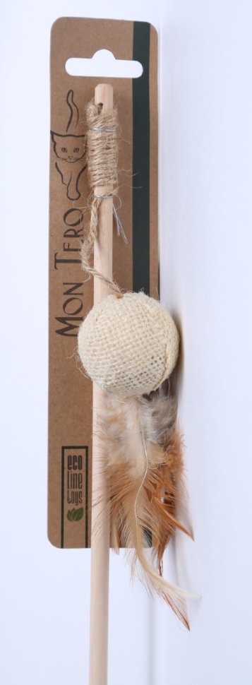 Мон Теро  ЭКО удочка-дразнилка игрушка для кошек  "Шар бежевый с перьями", 42/5 см, сизаль с кошач. мятой