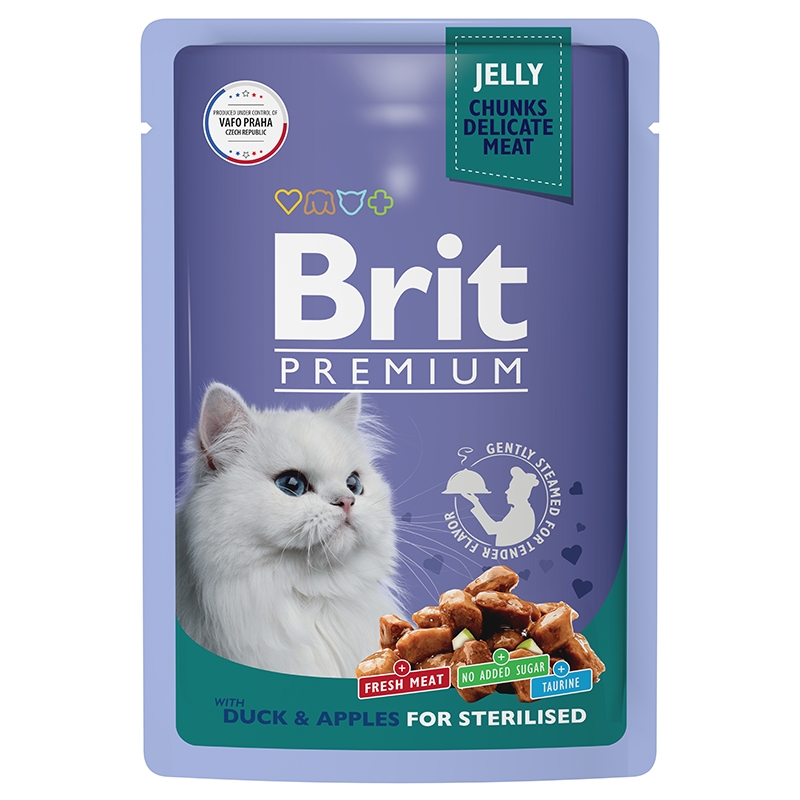Brit Premium Пауч для взрослых стерилизованных кошек утка с яблоками в желе 85 гр