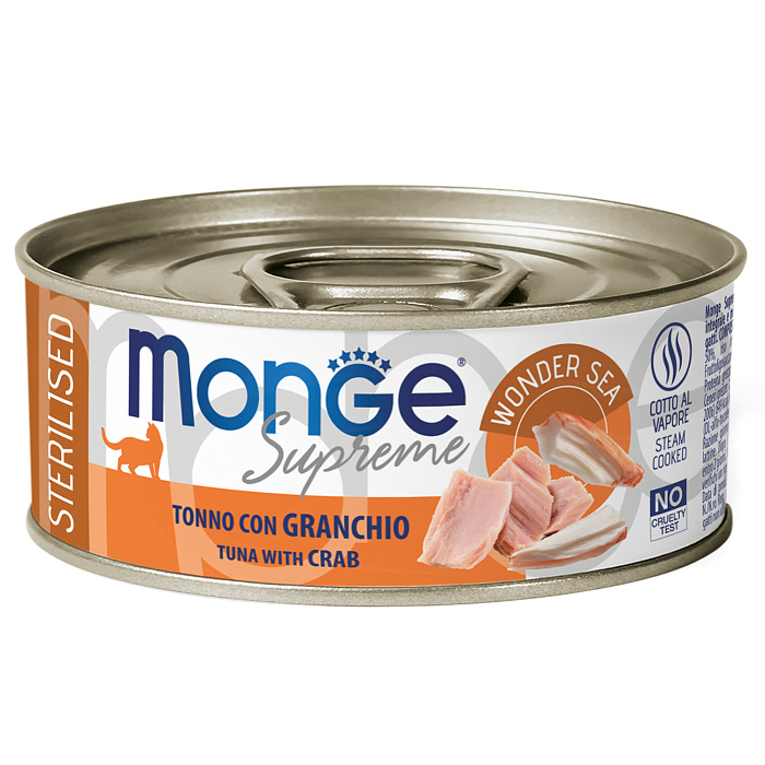 Влажный корм Monge Supreme sterilized для стерилизованных кошек из тунца с крабом, консервы 80 г