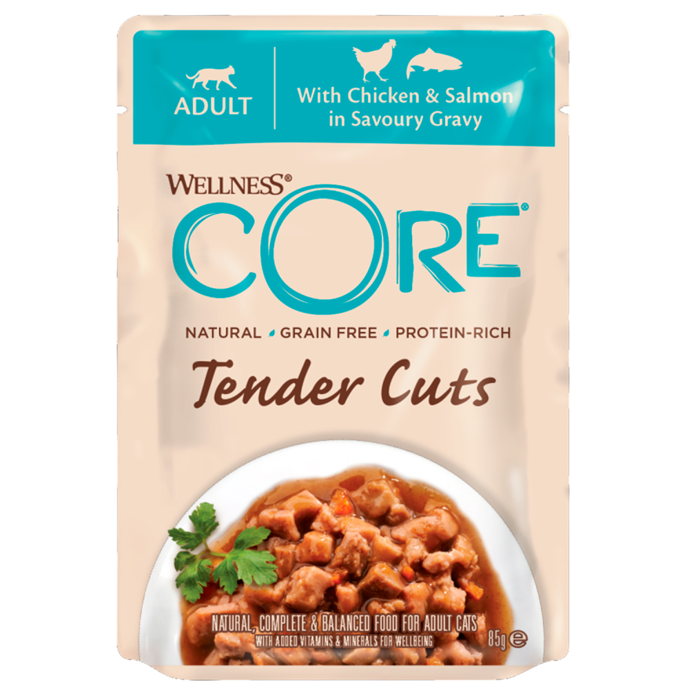 Core Tender Cuts паучи из курицы с лососем в виде нарезки в соусе для кошек 85 гр