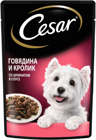 Цезарь пауч для собак из говядины с кроликом в соусе из шпината 85 гр