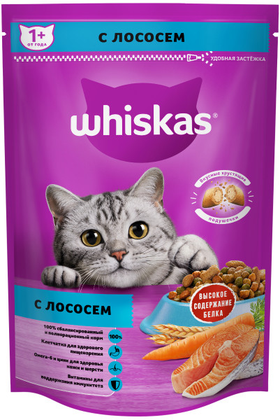 Whiskas для взрослых кошек «Подушечки с паштетом. Обед с лососем»