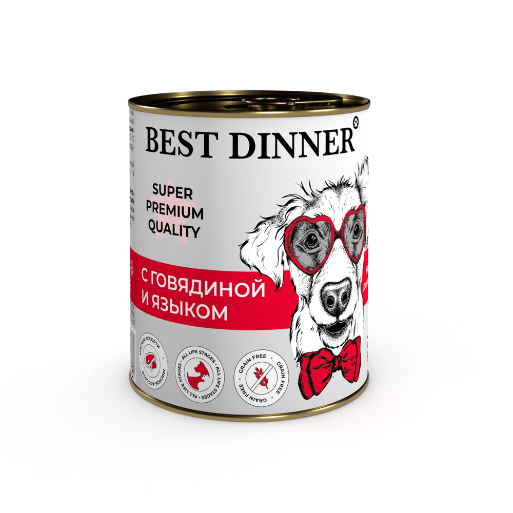 Best Dinner Super Premium консервы для собак с говядиной и языком 340 гр