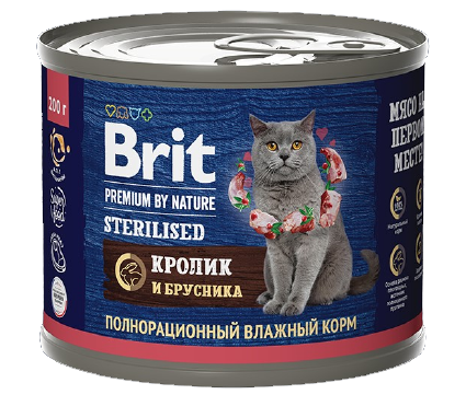 Brit Premium by Nature Sterilised консервы с мясом кролика и брусникой для стерилизованных кошек 200 гр