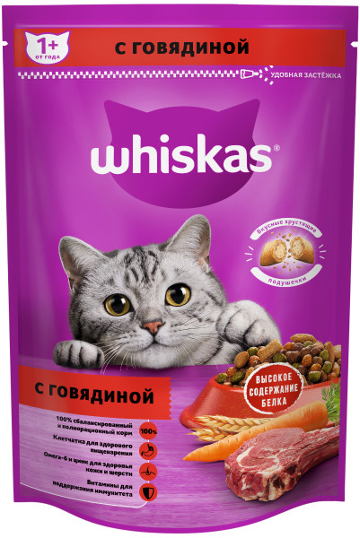 Whiskas для кошек «Вкусные подушечки с нежным паштетом, с говядиной»