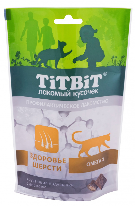 TitBit Хрустящие подушечки для кошек с лососем для здоровья шерсти 60 гр