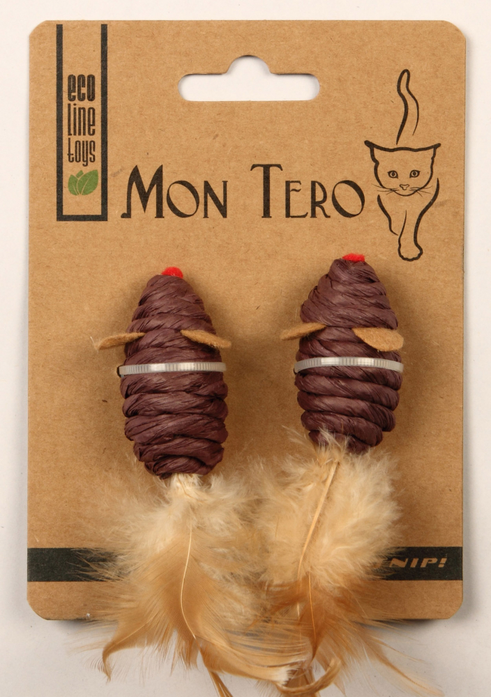 Мон Теро ЭКО игрушка для кошек "Мышь", 2шт х 5 см, с перьями, с кошач. мятой, фиолетовые