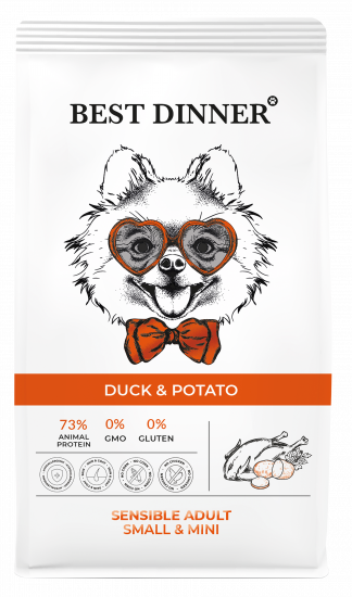 Best Dinner Sensible Adult Mini Duck & Potato для взрослых собак мелких пород, склонных к аллергии и проблемами с пищеварением, с уткой и картофелем