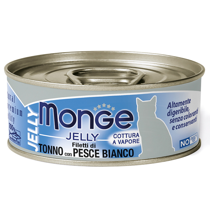 Влажный корм Monge jelly Adult cat для взрослых кошек с желтоперым тунцом и белой рыбой, консервы 80 г