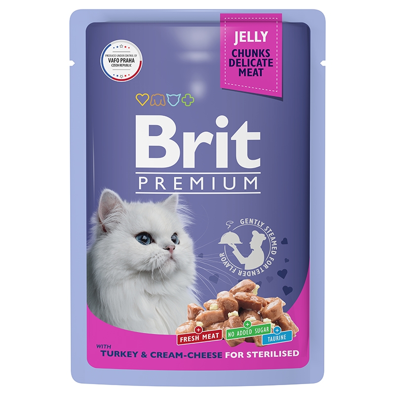 Brit Premium Пауч для взрослых стерилизованных кошек индейка с сыром в желе 85 гр