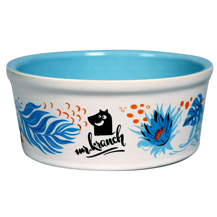 Mr.Kranch миска керамическая для собак и кошек из фарфора "Тропики", 350мл, голубая
