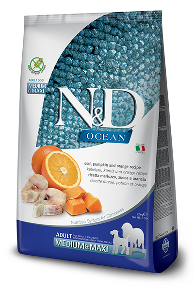 Farmina N&D Ocean Medium & Maxi корм беззерновой для собак средних и крупных пород треска, тыква и апельсин