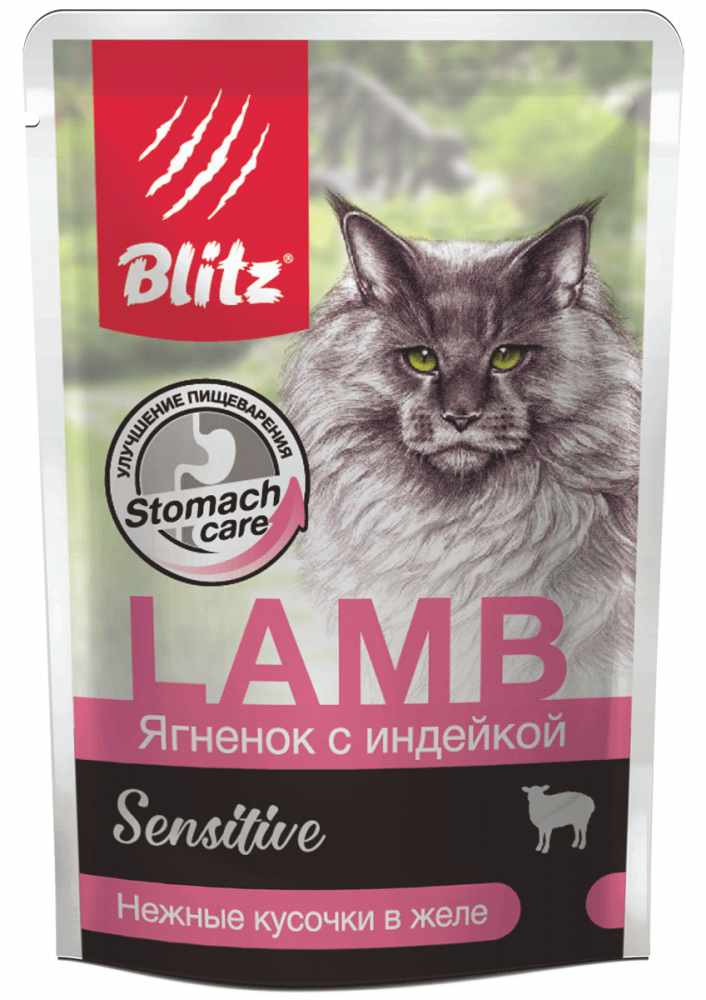 Blitz влажный для взрослых кошек «Ягнёнок с индейкой» нежные кусочки в желе 85 гр