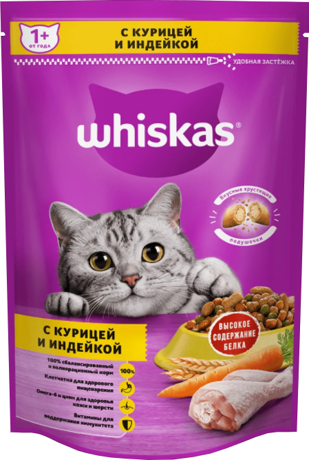 Whiskas сухой корм для кошек подушечки с паштетом, ассорти с курицей и индейкой