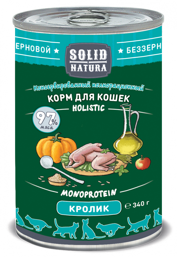 Solid Natura Holistic Кролик влажный корм для кошек жестяная банка 340 гр