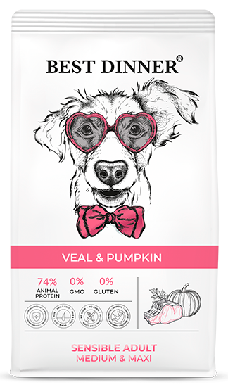 Best Dinner Sensible Adult Medium & Maxi Veal & Pumpkin для собак мелких пород склонных к аллергии и проблемам с пищеварением, с телятиной и тыквой