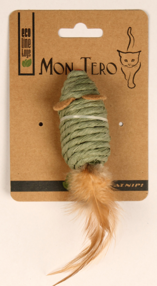 Мон Теро ЭКО игрушка для кошек"Мышь" 7,6см с перьями, с кошач. мятой, зелёная 
