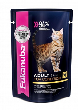 Eukanuba Adult 1+ паучи корм для взрослых кошек с курицей в соусе 85 гр