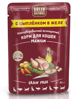 Solid Natura Premium кусочки в желе с цыпленком влажный корм для кошек пауч 85 гр