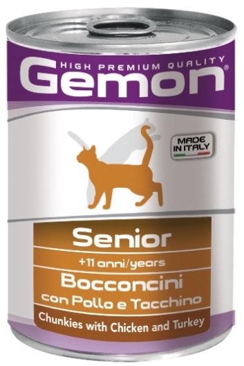 Gemon Cat консервы для пожилых кошек кусочки курицы с индейкой 415 гр