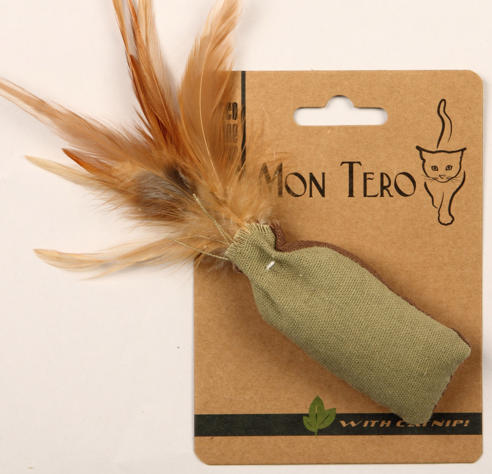 Мон Теро ЭКО игрушка для кошек "Мешочек с перьями", 8см х 4см, с кошач.мятой, зеленый/ корич. 