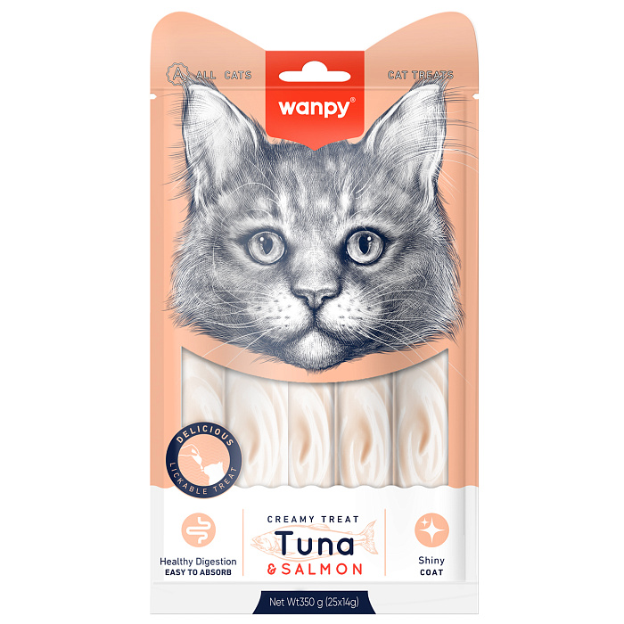 Wanpy Cat Лакомство для кошек "нежное пюре" из тунца и лосося 25 шт х14 г
