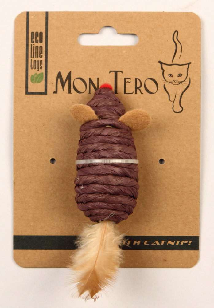 Мон Теро ЭКО игрушка для кошек"Мышь" 7,6см с перьями, с кошач.мятой, фиолетовая 