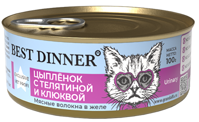 Best Dinner Exclusive Vet Profi Urinary профилактика МКБ цыпленок с телятиной и клюквой 100 гр