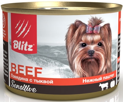 Blitz Sensitive консервы для собак мелких пород паштет Говядина с тыквой 200 гр