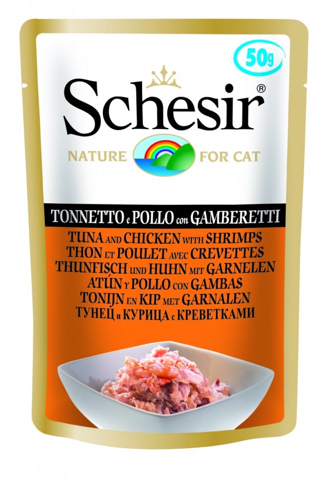 Schesir консервы для кошек с тунцом, цыпленок с креветками 50 гр